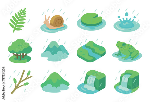 Nature elements and creatures in a rainy forest environment