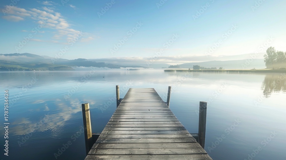 Fototapeta premium wooden pier, lake, serene, landscape, nature, travel, calm lake, wooden dock, pier, lakeside, scenery, panoramic, season, sunrise, sunset, fog, mist, autumn, summer, spring, winter, water reflection, 