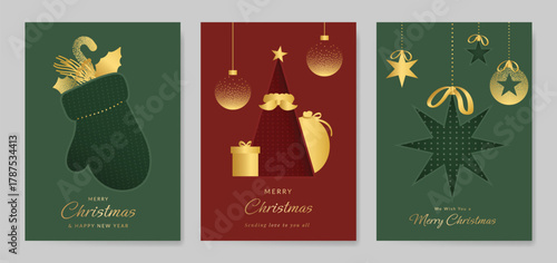 Christmas Luxury gold  invitation card design vector. Christmas pine leaves, snowflake with gold foil and spot texture on navy blue background. Design illustration for cover, print, poster, ads.