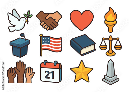 Symbols of peace, justice, and unity: dove, handshake, heart, torch, scale, flag, podium, hands, calendar, book, star, obelisk