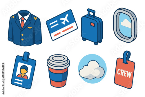 Aviation icons: uniform, boarding pass, luggage, window, crew tag, coffee, cloud