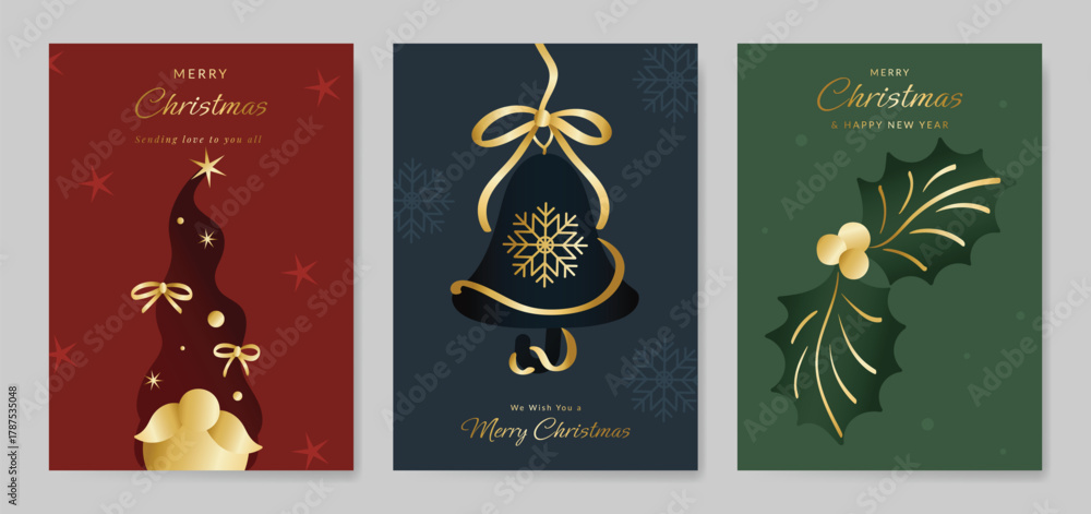 Naklejka premium Christmas Luxury gold invitation card design vector. Christmas pine leaves, snowflake with gold foil and spot texture on navy blue background. Design illustration for cover, print, poster, ads.