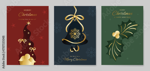 Christmas Luxury gold  invitation card design vector. Christmas pine leaves, snowflake with gold foil and spot texture on navy blue background. Design illustration for cover, print, poster, ads.