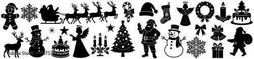 Christmas vector set with Santa Claus, snowman, decorated tree, and stocking. Minimal holiday silhouette design on transparent background, perfect for festive cards, winter and New Year projects