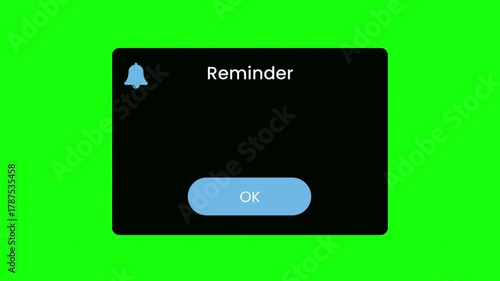Animated Reminder Notification Pop-up with Bell Icon on Green Screen - Alert Message UI