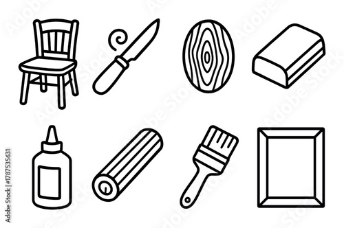 Outline icons of furniture tools and objects on dark background