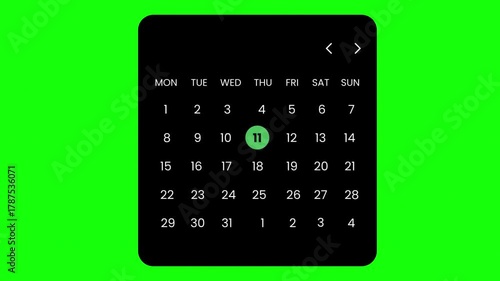 Dark Mode Digital Calendar Widget UI on Green Screen - Planning and Scheduling