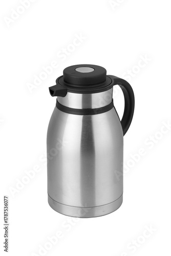 Foto Modern stainless steel insulated carafe with black lid and handle on a solid Transparent PNG background