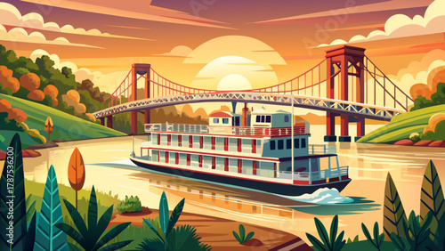 Very beautiful view of a pusher boat traveling along the Mississippi River near the Vicksburg Bridge in Vicksburg, Mississippi, USA, featuring calm river water, strong bridge structure, and a realisti