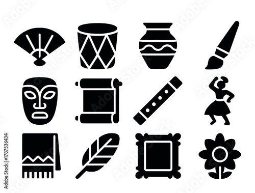 Cultural symbols collection: fan, drum, pottery, brush, mask, scroll, flute, dance, blanket, feather, frame, flower