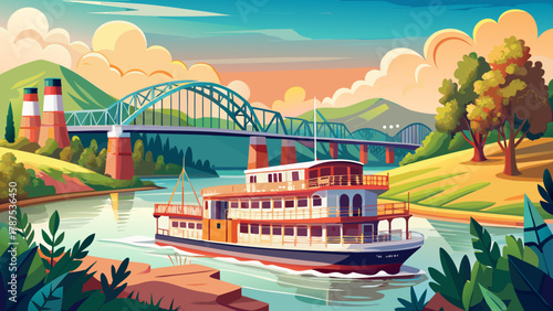 Very beautiful view of a pusher boat traveling along the Mississippi River near the Vicksburg Bridge in Vicksburg, Mississippi, USA, featuring calm river water, strong bridge structure, and a realisti