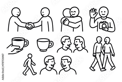 Simple line art of social interactions and daily life activities