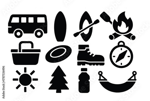 Outdoor adventure icons: camping, hiking, boating, and exploration symbols