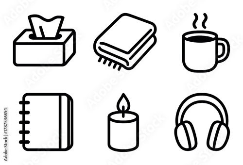 Cozy essentials: tissues, blanket, hot drink, notebook, candle, headphones icons