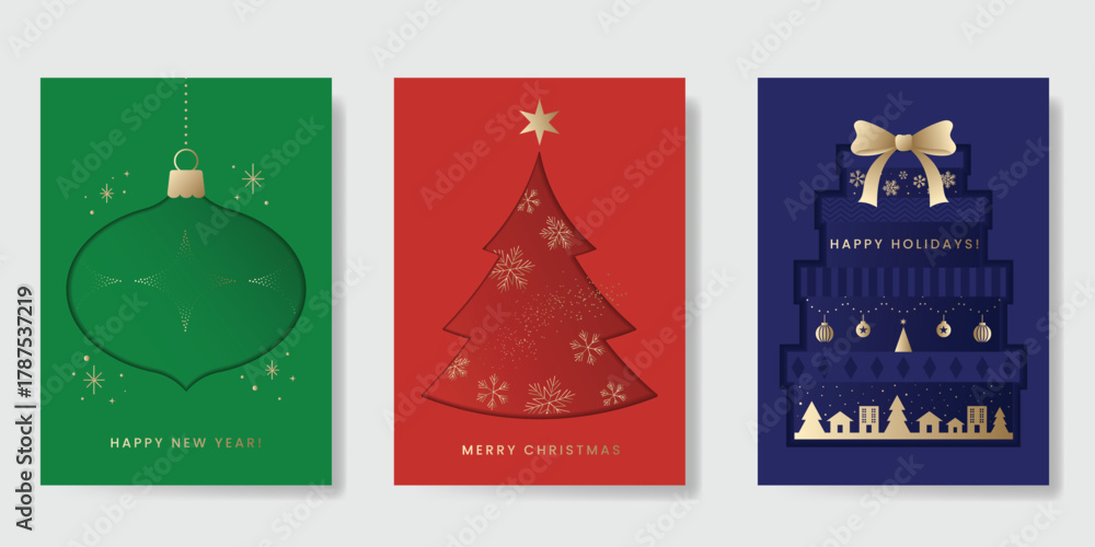 Fototapeta premium Christmas Luxury gold invitation card design vector. Christmas pine leaves, snowflake with gold foil and spot texture on navy blue background. Design illustration for cover, print, poster, ads.