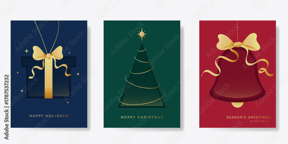 Fototapeta premium Christmas Luxury gold invitation card design vector. Christmas pine leaves, snowflake with gold foil and spot texture on navy blue background. Design illustration for cover, print, poster, ads.