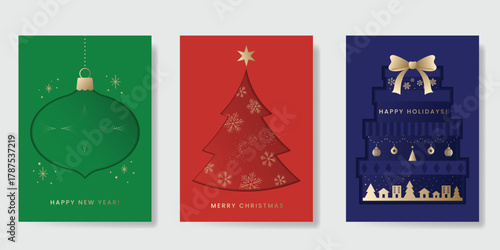 Christmas Luxury gold  invitation card design vector. Christmas pine leaves, snowflake with gold foil and spot texture on navy blue background. Design illustration for cover, print, poster, ads.