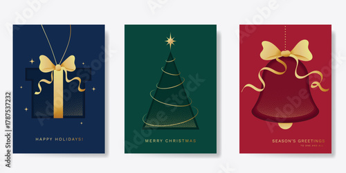 Christmas Luxury gold  invitation card design vector. Christmas pine leaves, snowflake with gold foil and spot texture on navy blue background. Design illustration for cover, print, poster, ads.