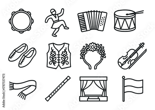 Traditional folk dance and music symbols featuring instruments and costumes