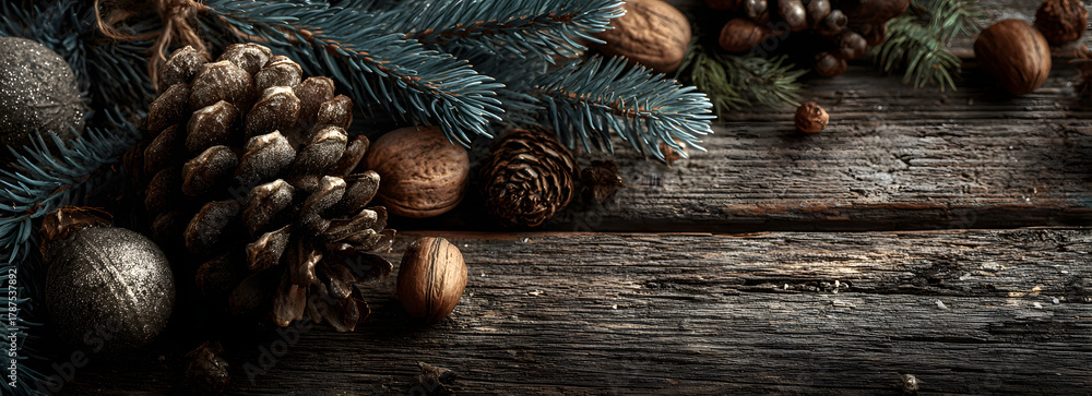 Naklejka premium christmas wooden natural decoration ornament wide horizontal banner with copyspace