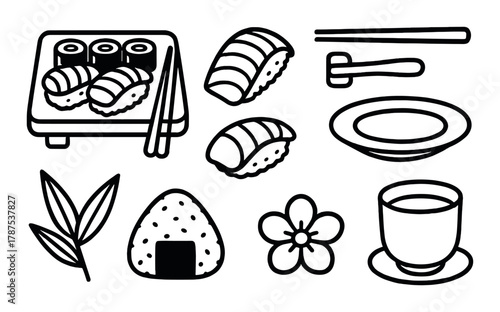 Traditional japanese cuisine icons: sushi, onigiri, chopsticks, tea cup