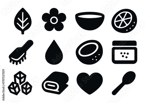 Organic skincare icons: leaf, flower, bowl, citrus, brush, drop, coconut, jar, sugar, towel, heart, spoon