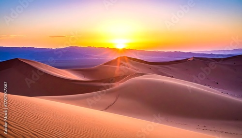 Rolling sand dunes bask in a golden sunset glow, distant mountains hazy on the horizon, creating a serene scene