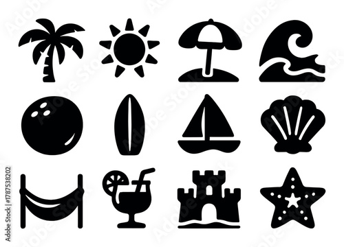 Beach icons: palm, sun, umbrella, wave, ball, surfboard, sailboat, shell, hammock, drink, castle, starfish