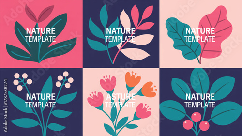 Six Square Templates Featuring Stylized Floral and Leaf Designs in Pink and Teal Keywords: nature template, floral design, leaf design, botanical