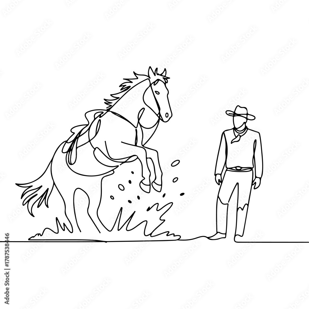 Fototapeta premium Cowboy and Horse Encounter Single Line Art Depiction of Western Adventure