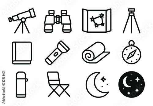 Camping and stargazing icons: telescope, binoculars, map, tripod, and more