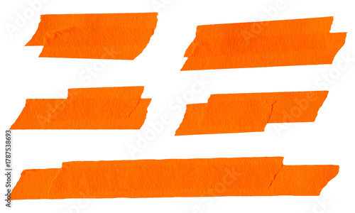 Set of ripped torn paper adhesive orange masking tape on transparent background