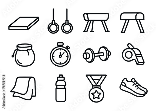 Gymnastics equipment icons: rings, timer, dumbbell, medal, shoes