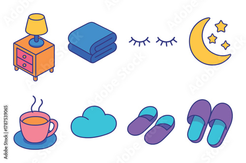 Cozy nighttime essentials: lamp, blanket, moon, stars, and slippers on gradient background