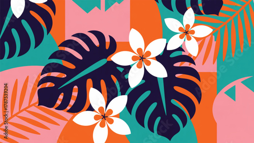 Tropical Floral and Leaf Pattern with Bold Geometric Shapes leaves flowers