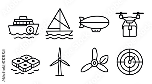 Set of line icons: electric boat, sailboat, airship, drone, wind farm, propeller, radar