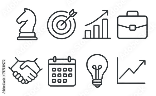 Business strategy icons: chess knight, target, graph, suitcase, handshake, calendar, lightbulb, growth chart