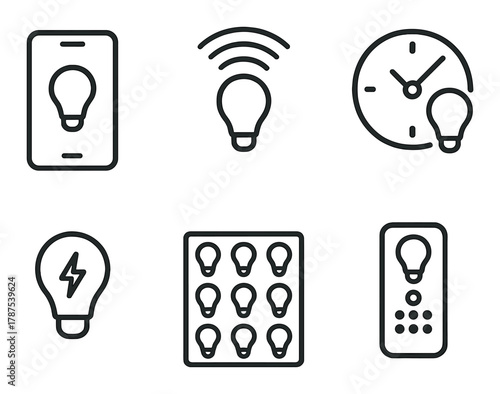 Smart lighting icons: remote control, connectivity, and time management symbols