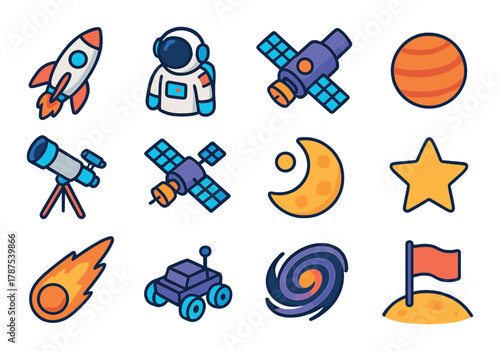 Space exploration icons: rocket, astronaut, satellite, planet, and more