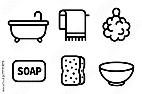 Bathroom icons: bathtub, towel, loofah, soap, sponge, bowl on dark background