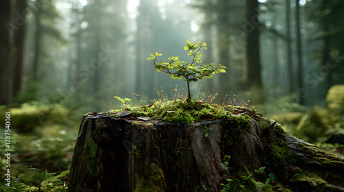 Young sapling growing on old tree stump in forest renewing life