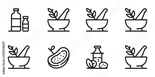 Herbal Medicine And Natural Remedy Icons With Mortar Pestle And Bottles collection