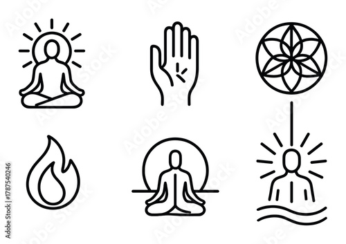 Meditation and spiritual symbols: hand, lotus, fire, serenity icons