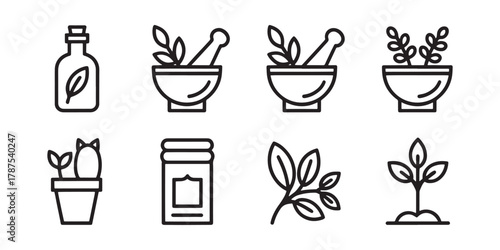 Herbal Medicine and Plant Icons Collection on White Background minimalist line