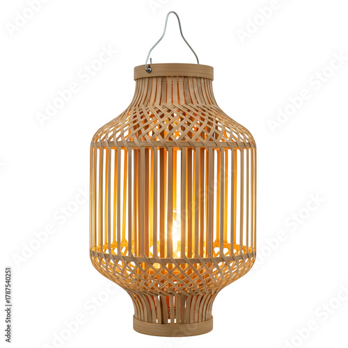 A beautifully crafted natural bamboo lantern with intricate weaving and vertical slats.