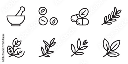 Herbal Medicine and Plant Icons on White Background minimalist