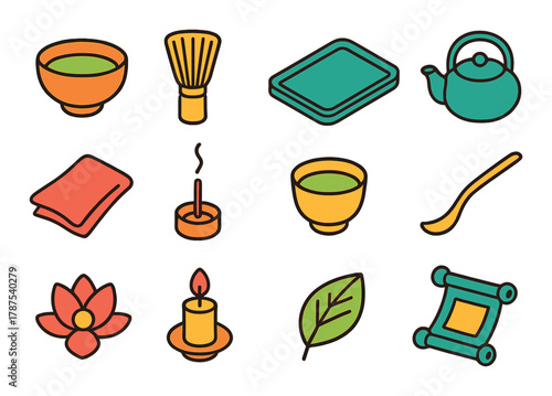 Colorful icons of tea ceremony elements including teacup, teapot, candle, leaf, incense, lotus