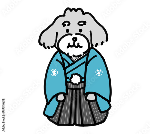 水色の紋付袴を着た手描きの犬