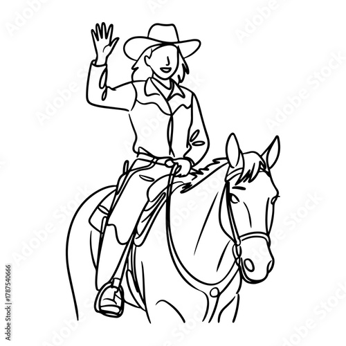 A simple line drawing of a smiling cowgirl wearing a hat, waving friendly from horseback. Western lifestyle vector concept