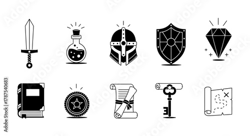 Unlock adventure and quest with these iconic fantasy game assets including sword, potion, helmet, shield, gem, book, coin, scroll, key, and treasure map.